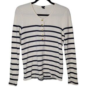 J Crew waffle Henley knit long sleeve Cream blue stripe long sleeve size Medium